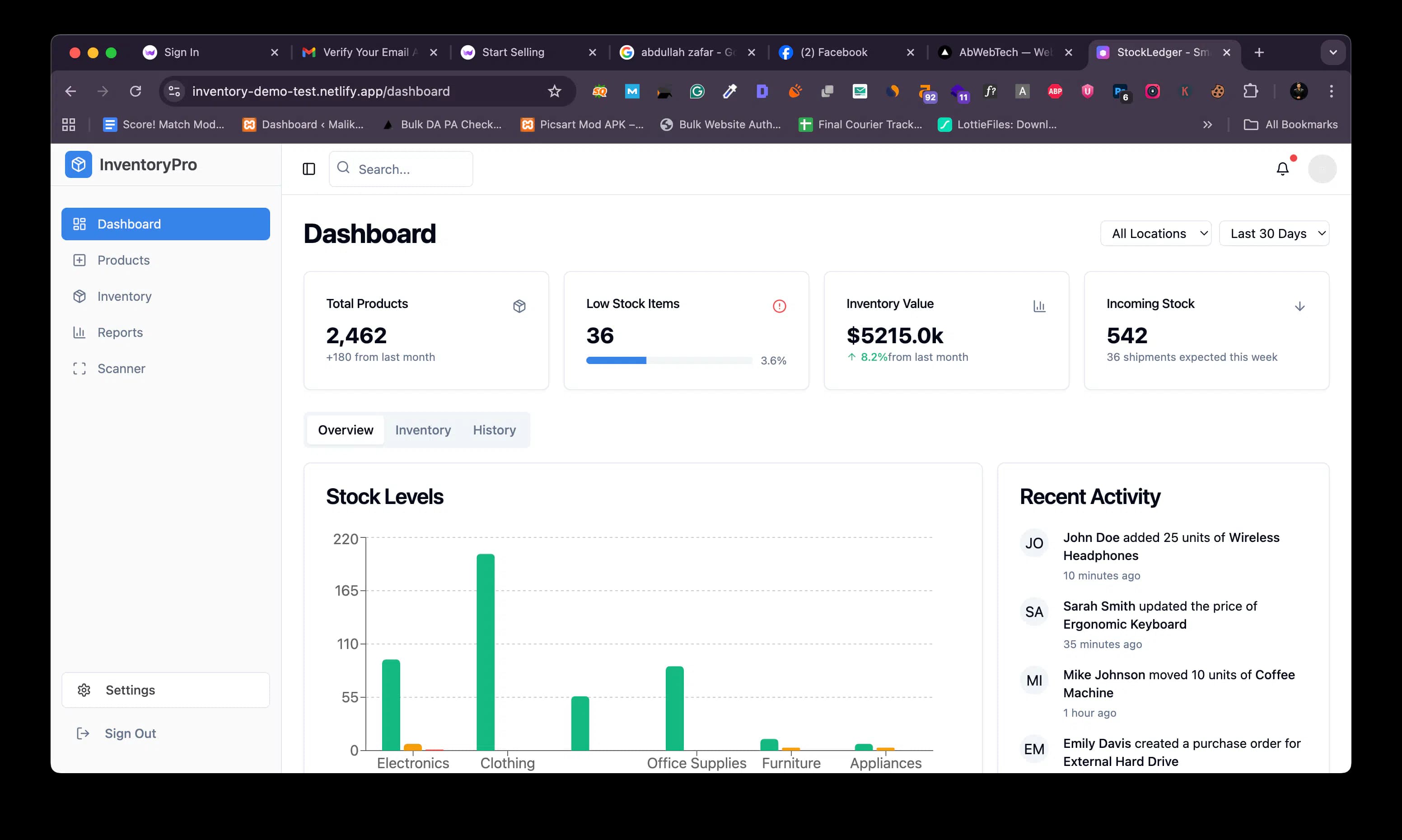 Barcode scanning screen of a React inventory management web app showing live stock counts